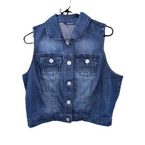 Highway Jeans Denim Vest Women 12 Sleeveless Button Up Distressed Blue Pockets